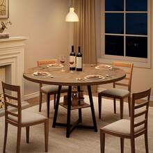 Mesa de comedor redonda industrial portátil de 47 pulgadas estilo nórdico con pedestal de metal y estante para almacenamiento alta capacidad para 4-6 personas perfecta para cocina sala u oficina - Marrón - Ver 1