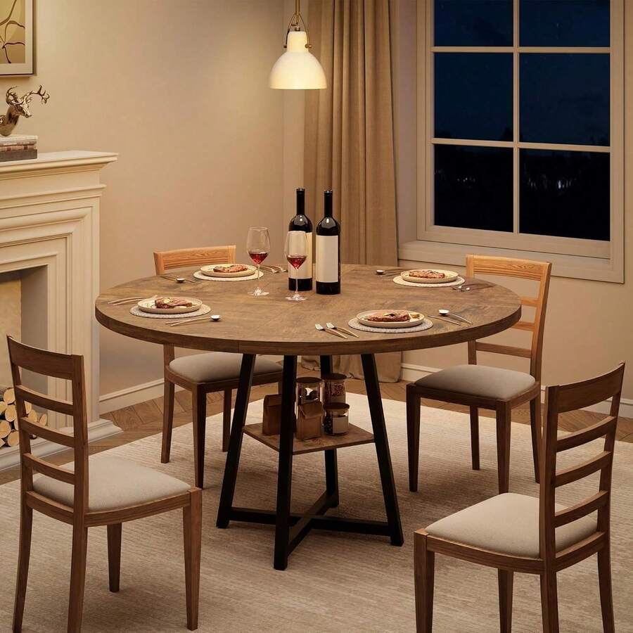 Mesa de comedor redonda industrial portátil de 47 pulgadas estilo nórdico con pedestal de metal y estante para almacenamiento alta capacidad para 4-6 personas perfecta para cocina sala u oficina - Marrón - Ver 1