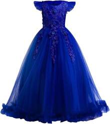 Vintage Lace Party Dress For Girls - Boho Style Maxi Gown For Pageant, Wedding & Celebration - 寶藍色 - 查看 1