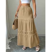 Women's Casual A-Line French Lace Trim Drawstring Waist White Maxi Skirt, Summer Holiday Skirt Spring - Khaki - View 2