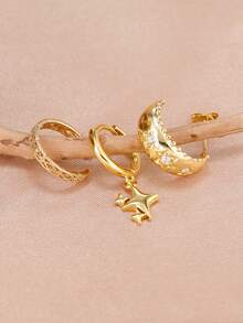 3PCS Fashion 18K Gold Plated Star Earrings For Women Zirconia Star Pendant Ear Clip Ear Stud Hoop Earrings Set Piercing Party Jewelry Gift - 3PCS - Gold - View 2