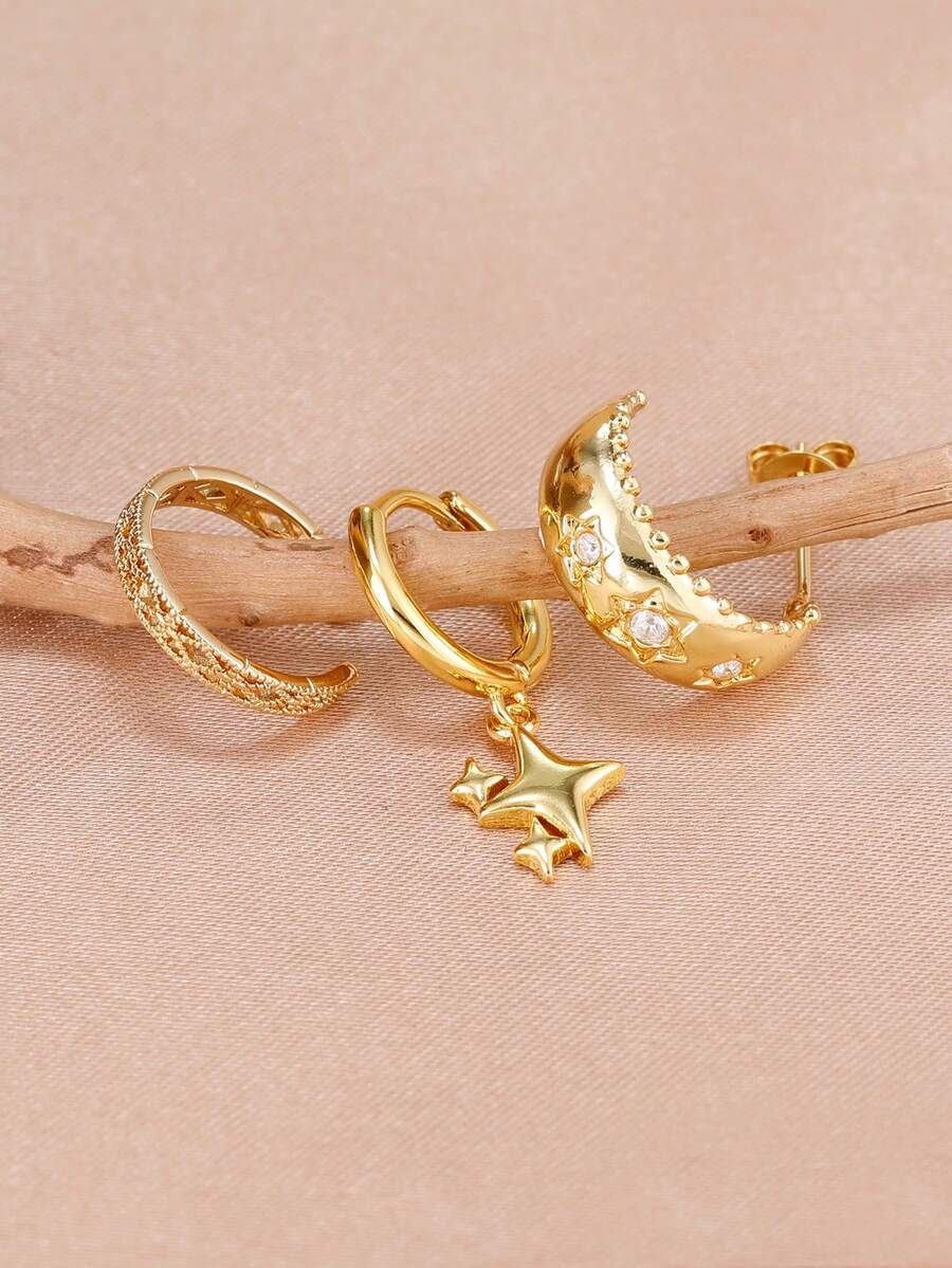 3件套时尚18K镀金星星耳环，女士锆石星星吊坠耳夹耳钉耳环套装，适合穿刺派对饰品和礼物 - 3PCS-金色 - 查看 1