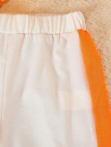Set 2 piese bluză fără mâneci color block + pantaloni casual pentru fete, portocaliu și caisă, ținută de vară pentru fete - Caisă - Vizualizare 6