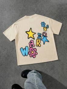 FRACTYR Men's Graphic Tee, Casual Street Style, Loose Fit Round Neck Pattern T-Shirt, Summer - Apricot - View 7