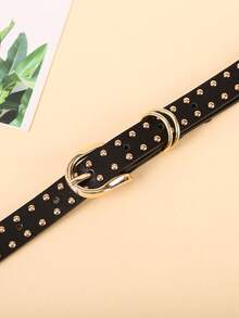 1 pieza Cinturón delgado y elegante para mujer con remaches dorados pequeños y hebilla de aleación, cinturón de piel de poliuretano sólido, de color lindo y elegante, adecuado para primavera, verano y escuela - Negro - Ver 3