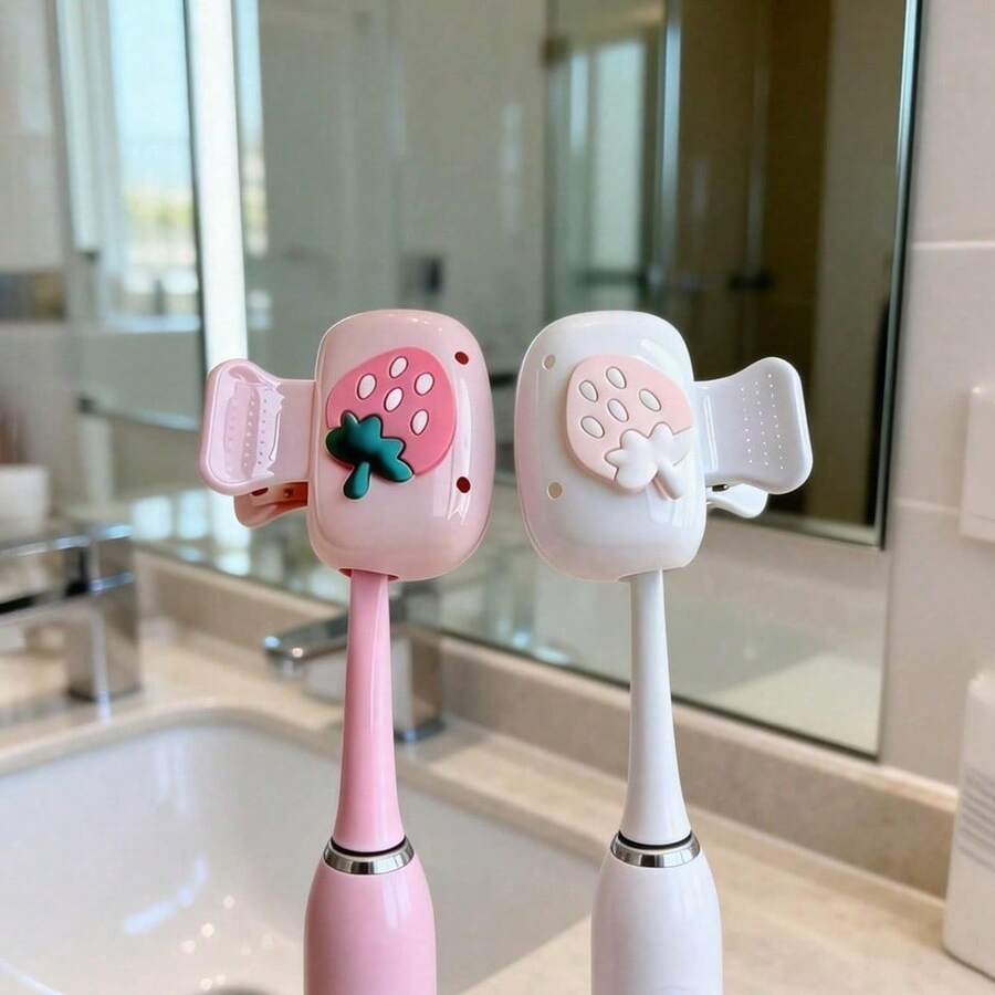 2pcs Cute Pink & White Strawberry Pattern Toothbrush Covers, Pink & Blue Heart Pattern Toothbrush Holders, Strawberry Heart & Cherry Pattern Toothbrush Stands, Suitable For Home, Dorm, Bathroom, Travel, Convenient To Carry - Nhiều màu - Xem 1