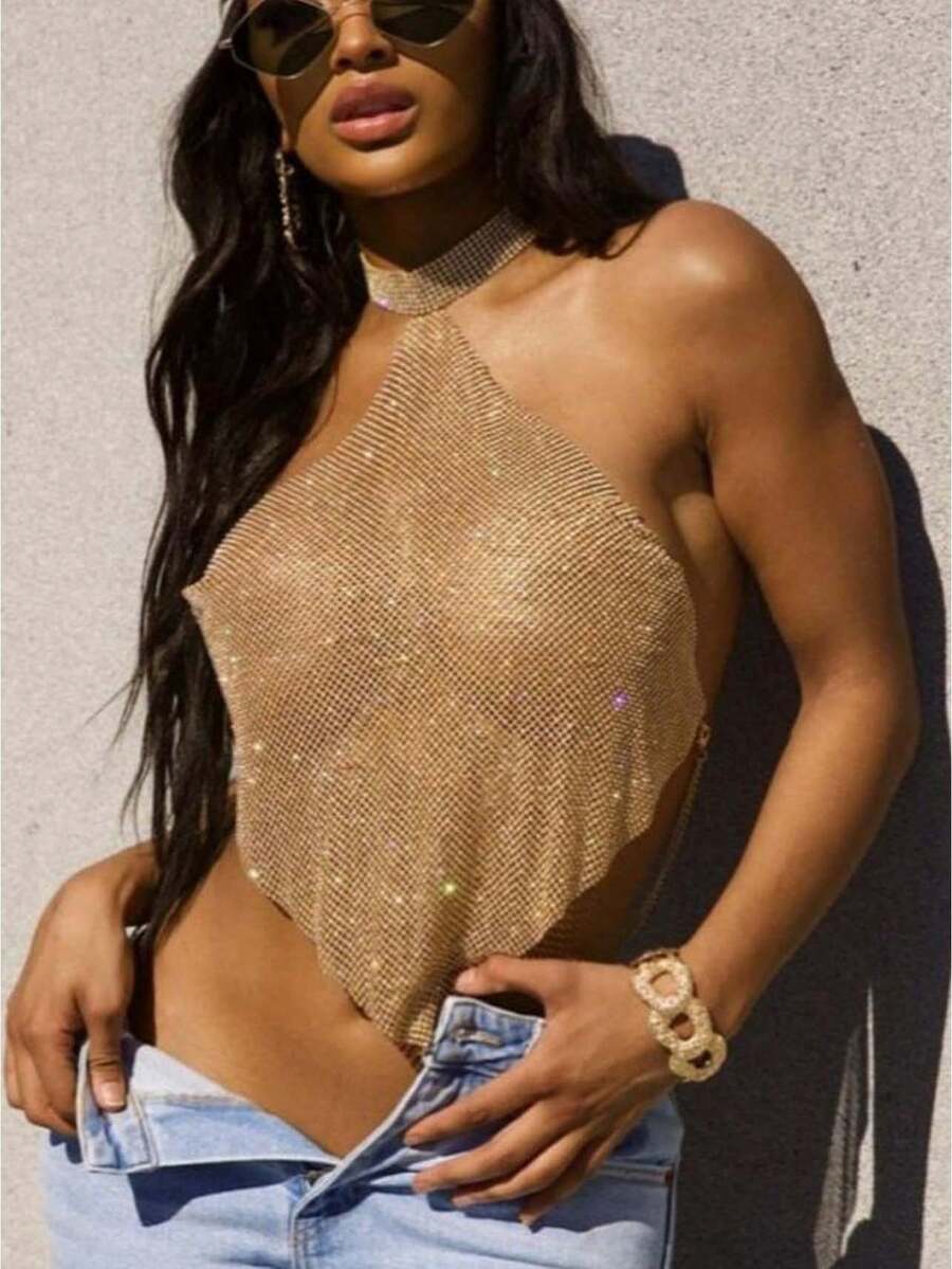 Women's Halter Neck Rhinestone Backless Tank Top Designer-inspired High-Fashion Women's Apparel Summer Clothing - Dorado - Ver 1