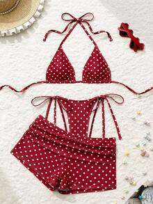 New Women's Three-Piece Swimsuit With Double Swim Briefs, Black And White Polka Dot, Sexy Bikini - 猩紅色 - 查看 1