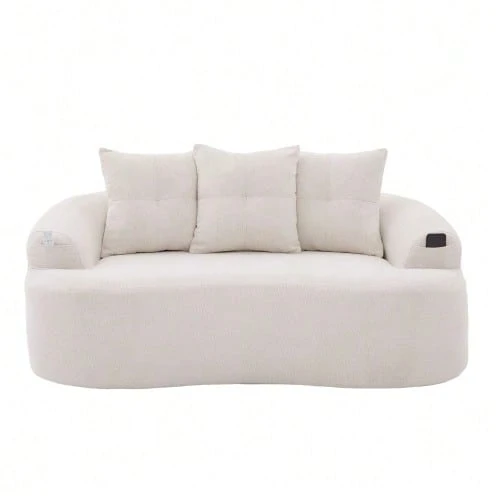 Este moderno conjunto de sofá de dos plazas presenta cojines redondos y profundos con estampado de nubes de chenilla, un diseño compacto sin muelles e incluye tres cojines decorativos. Ideal para apartamentos pequeños. - Beis - Ver 1