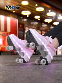 Upgraded High-End Kids Roller Skates LED Flashing Walk-And-Glide Shoes, Children & Teen Sports Shoes, Fashion Light-Up Walking Shoes, Outdoor Sports Roller Shoes, Cool Flashing Inline Skates For Boys & Girls, Lightweight Comfortable Sports Shoes, Kids Birthday Gift, Anti-Roll Reinforced Sole + Stable Support, Glowing Shoes For Safer Gliding, Breathable Comfortable Upper, Lightweight Durable, Street Style, More Visible & At Night, Peace Of Mind For Parents, Suitable For School, Outdoor & Daily Wear - Pink - View 5