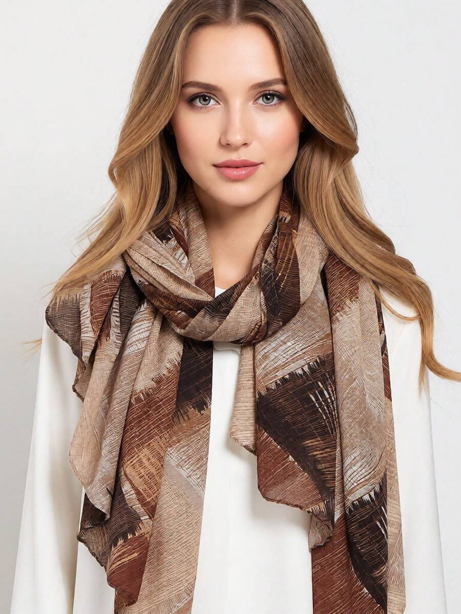 1条新款人字纹扎染亚麻围巾，女士百搭披肩 - 彩色 - 查看 1