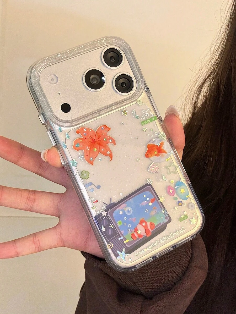 蝴蝶金鱼亮片手机壳，带挂绳，兼容 17 Pro Max、16 Pro、15、14、13系列，韩版保护套 - 無色 - 查看 1