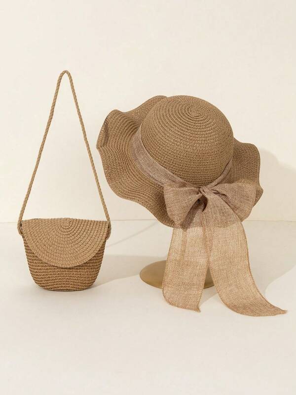 两件套，包括：波浪形沙滩帽和编织单肩包 - 设计优雅，轻盈透气，适合海滩度假和春夏户外活动，沙滩配件