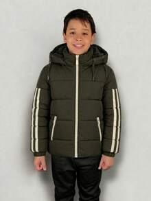 Boys' Jacket Lined With Plush, Removable And Lined Hood - 軍綠色 - 查看 1