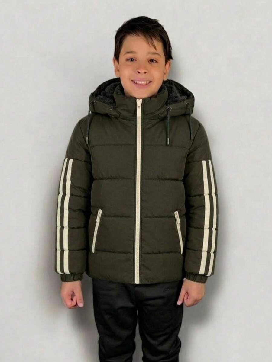 Boys' Jacket Lined With Plush, Removable And Lined Hood - 軍綠色 - 查看 1