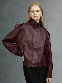 Giolshon Street Rider Style Retro PU Leather Jacket For Women - Fashionable Design Suitable For Spring, Autumn And Winter Fall - Burgundy - View 4