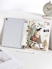 1pc Illustrated Girl & Airplane Pattern Painted Tablet Case, Compatible With IPad Mini4/Mini5/Mini6/Mini7/Air/Air2/9.7/10.2/10.5/Air4/Air5/10.9/Pro 11-Inch/10th Gen/ Air 11-In.(M2)-2024/ Pro11-In.(M4)-2024/Air 11-Inch (M3) 2025/ (A16) 11 Inch 11th Generation 2025, Galaxy Tab A8 10.5 Inch 2022, Tri-Fold Stand, TPU Soft Edge Protection, Magnetic Sleep/Wake, Leisure/Fun/Healing/Personalized - Multicolor - View 7