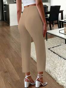 Pantalones elegantes de mujer con bolsillos laterales plisados, ajuste delgado, para primavera y verano - Caqui - Ver 3