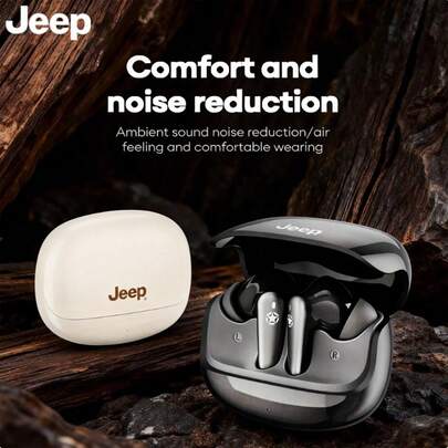  Fones de ouvido sem fio Jeep TWS Sport com bateria de longa duração, áudio surround de alta definição, cancelamento de ruído e controles de toque para um ajuste confortável. Ideais para esportes, música e jogos.