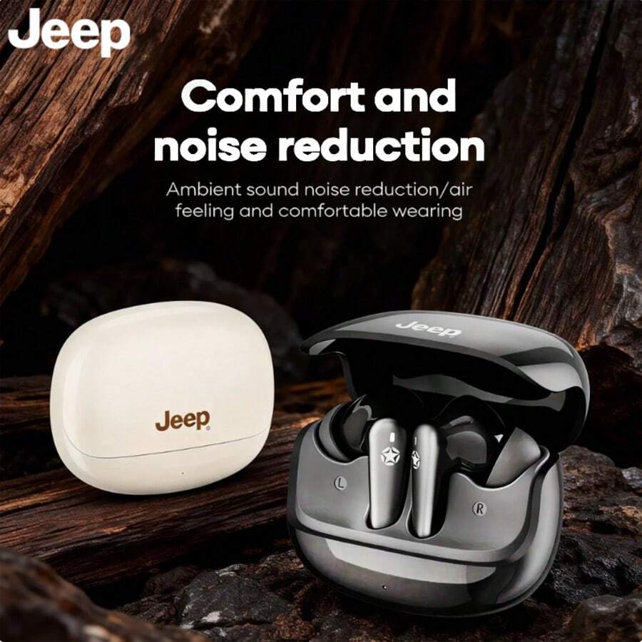 Jeep TWS 运动无线耳机，超长续航，高清环绕音频，具备降噪功能，佩戴舒适，触控操作，适合运动、音乐和游戏。