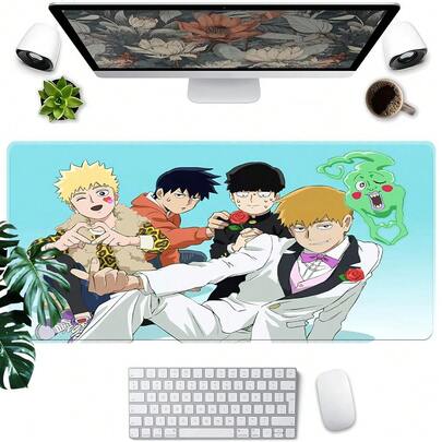 1个灵能百分百动漫图案鼠标垫，防滑桌面垫，游戏配件，加固包边，柔软笔记本电脑鼠标垫，PC游戏配件。办公桌配件，桌面配件，办公用品，办公配件，鼠标垫，桌面垫，书桌鼠标垫，桌面装饰