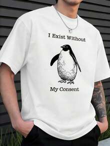 OVERSIZED Penguin Graphic Tee I Exist Without My Consent Street Hip-Hop, Breathable, Art Print - White - View 1