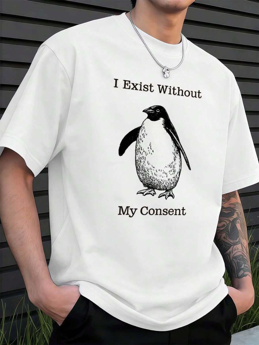 OVERSIZED Penguin Graphic Tee I Exist Without My Consent Street Hip-Hop, Breathable, Art Print - White - View 1