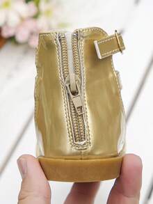 Best Selling Kids Champagne Glitter Ankle Strap Sandals With Zipper & Buckle Closure Open Toe Summer Flat Shoes - Champagne - View 7