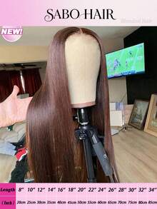 自然巧克力棕色假发，真人前额发丝，200%密度，13x4高清蕾丝前假发，预先拔毛，高清蕾丝前假发，女士直发混色假发，带婴儿发，28英寸 - 棕色 - 查看 40