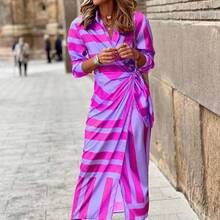 2026 European And American Women's Fashion New Product: Stylish Printed Shirt-Collar Tie-Waist Mid-Length Striped Dress - 13# - 查看 12