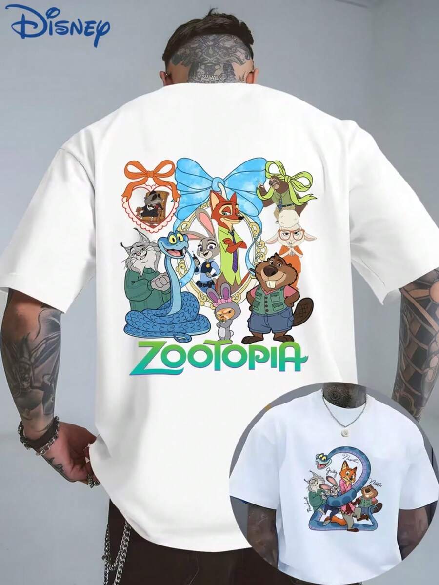 Disney Men'S Casual Fashion Reversible Zootopia Cartoon Graphic Print T-Shirt,Featuring A Comfortable Round Neck Made Of, Perfect For EverydayStylish Streetwear For Men - 白色 - 查看 1