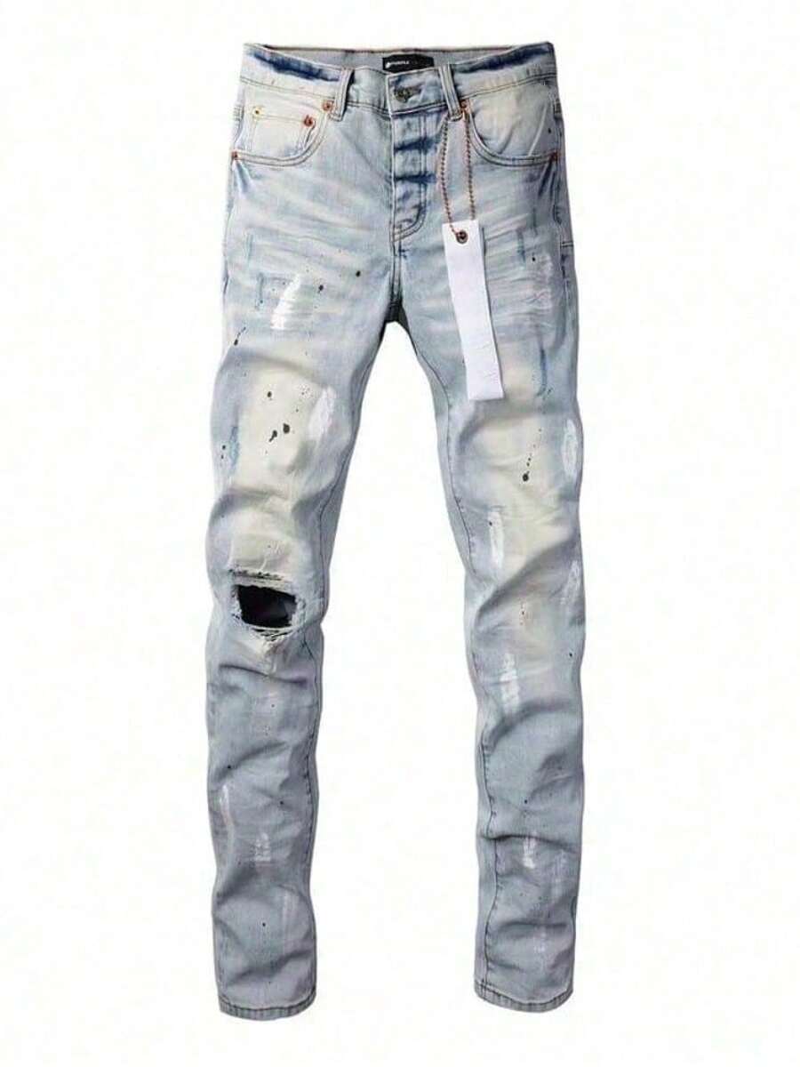 Pantalones de moda con pierna recta y estrecha, estilo callejero estadounidense con estampado rasgado y elástico para hombres - Azul - Ver 1