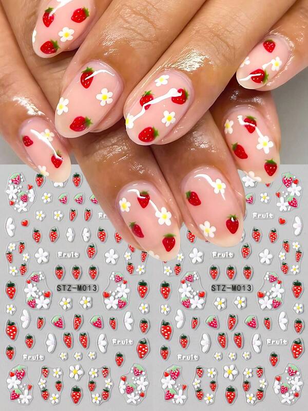 2pcs Red Strawberry Daisy Nail Stickers, 3D White Petal Nail Art Decals, DIY Nail Supplies For Summer, Spring, Wedding, Party, Holiday