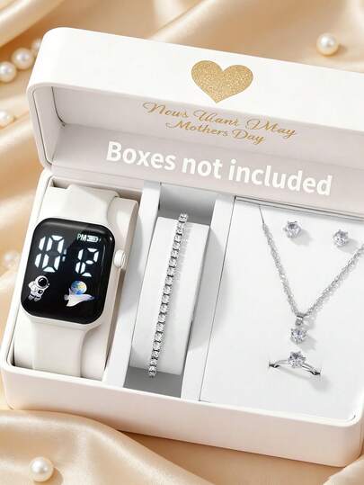 6/1 Piece. Fashionable, Simple And Elegant Square Digital Display Electronic Watch With Airplane Pattern Decoration. It Is Paired With A Set Of Rhinestone Jewelry, Including Necklace, Bracelet, Earrings And Ring. It Is Very Suitable For Girls To Wear As A Watch Set. It Is Suitable For Wearing At Parties, Gatherings, Going On Trips, Etc. It Is Also A Great Gift Choice For Mothers/Friends On Mother's Day, Back-To-School Season, Wedding Season.
