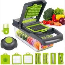 [Multi-Function Chopper] 16in 1 Multi-Function Vegetable Chopper Set Slicer And Dicer Kit Interchangeable Blades Manual Operation, Space Saving Suitable For Tomato Potato Garlic Vegetable Carrot, Cheese Slicer, Garlic Press, Onion Slicer, Hand Guard, Drainer And Container - Multicolor - View 4