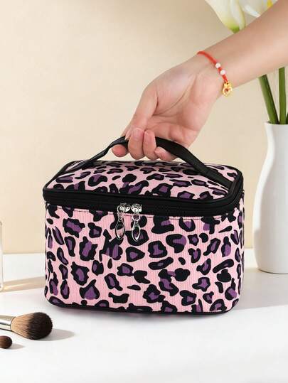1pc Sweet & Cool Corduroy Leopard Print Makeup Bag, Large Capacity Portable Makeup Organizer, Vintage Bridesmaid Gift