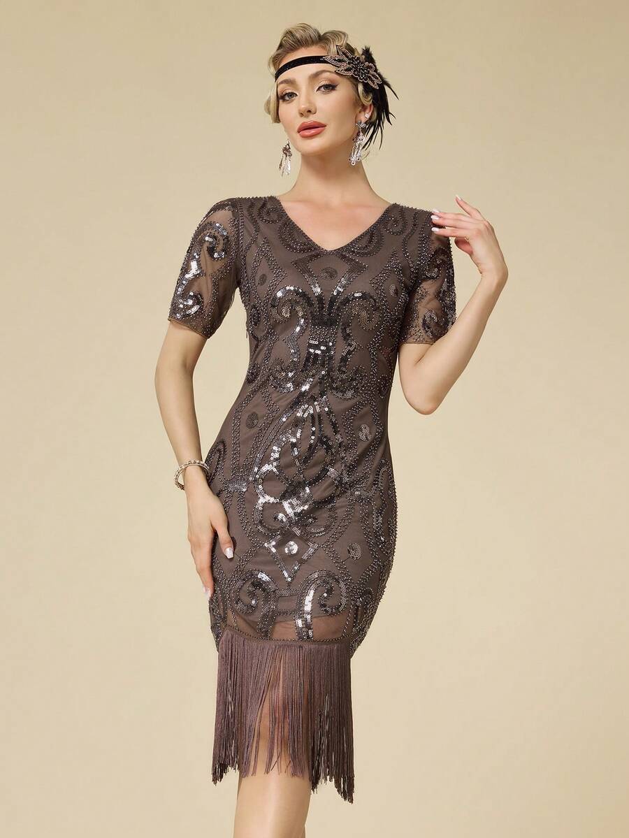20世纪20年代复古亮片流苏下摆修身正式礼服，适合派对、婚礼等场合，春季穿着 - 咖啡棕 - 查看 1