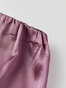 Women's Long Skirt Satin Lace Patchwork Design Stylish Solid Color High Waisted Skirt for Summer - Morado - Ver 8