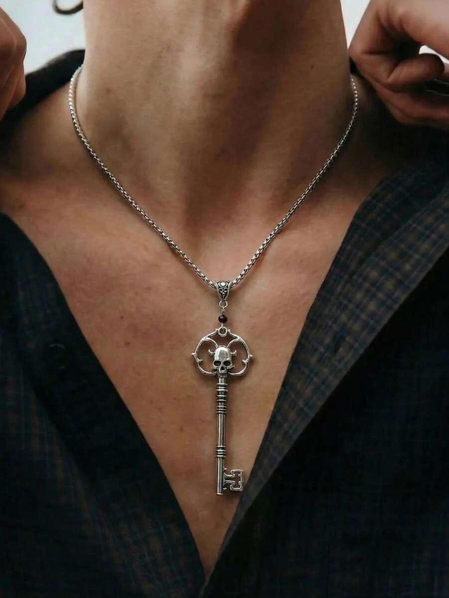 1件时尚朋克风镂空骷髅吊坠项链，银色金属项链，适合男士日常、节日、派对佩戴，也是日常礼物和珠宝礼品。 - 銀色 - 查看 1