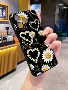 1 pieza Funda de teléfono con forma de corazón de crisantemo, impresión UV, compatible con modelos /Galaxy/Android - Negro - Ver 2