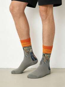 1 双男士灰色和橙色撞色“呐喊”绘画图案中筒袜，四季皆宜 - 彩色 - 查看 5