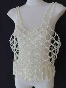 DEKUNER 波西米亚风珍珠网纱身体饰品 - 法式优雅珍珠上衣，适合派对、婚礼和日常穿着 - 白色 - 查看 4