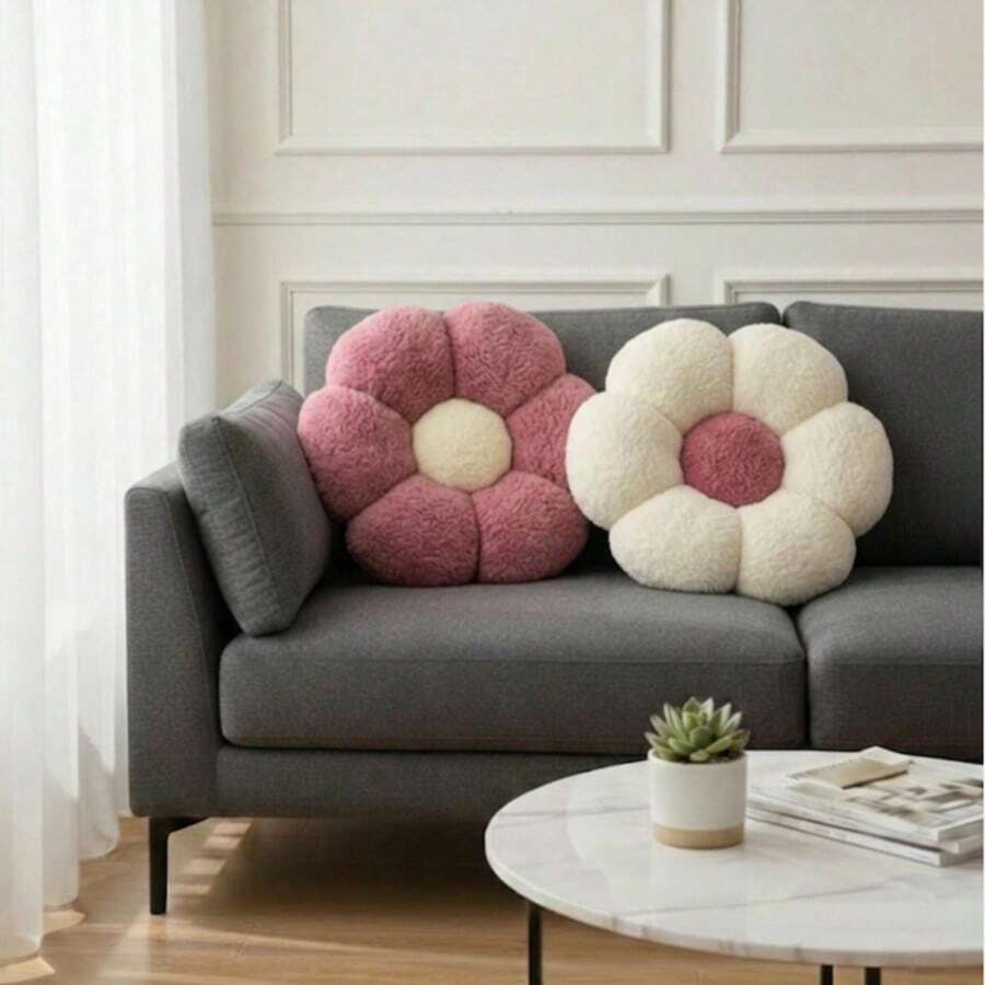 2 Pieces Daisy- Ultrashaped-Soft Plush Seat/Mat - 45x45 Cm - Made In Türkiye - Baby Pink - View 1