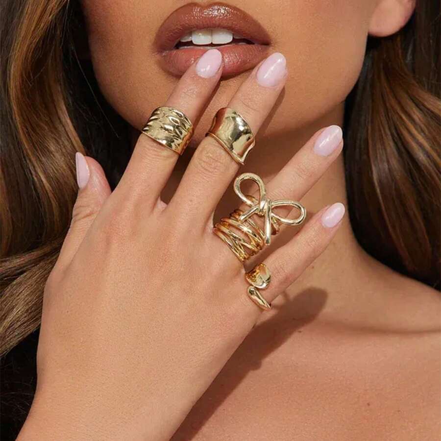 Bộ nhẫn hình nơ, nhẫn hở trơn nhẵn bằng kim loại không đối xứng với đường viền đá dung nham. - Nhiều màu - Xem 1