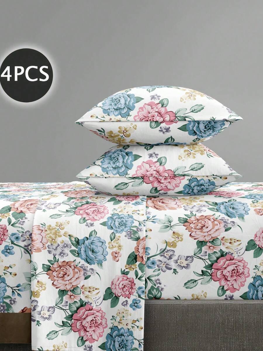4pcs Vintage Peony Floral Bedding Set, Easy Care Super Soft Microfiber Bedding Set (1pc Flat Sheet + 1pc Fitted Sheet + 2pcs Pillowcases), Fitted Sheet Fits King, Queen, Full & Double Beds, 11.8" Deep Pillowcases, Soft & Breathable, Hotel Luxury Style - Multicolor - View 1