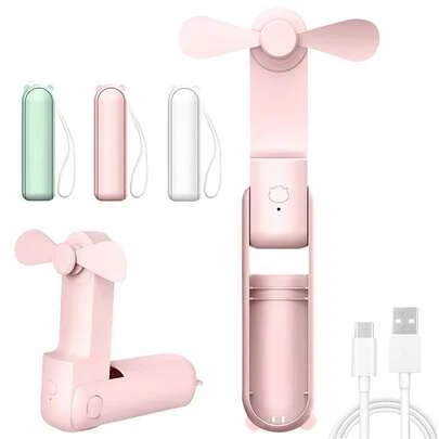Mini ventilador portátil recargable de mano, 3 velocidades ajustables, plegable 270°, adecuado para secar pestañas, playa, transporte, maquillaje, oficina, actividades al aire libre, esencial para vacaciones de verano