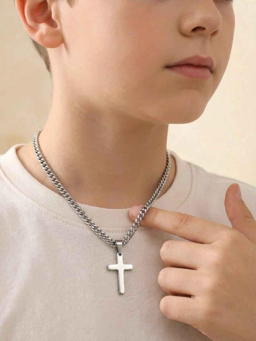 1 chiếc dây chuyền mặt thánh giá bằng thép không gỉ thời trang, dây chuyền bện bốn mặt, phụ kiện trang sức đường phố hip hop unisex. - Bạc - Xem 1