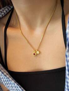 1件纹理链项链，饰有心形和圆形闪亮装饰 - 紅寶愛心閃鑽項鍊 - 查看 2