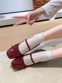 Women's High Heel Mary Jane Shoes, Bowknot Buckle, Office/School, Burgundy Patent Leather Square Toe Chunky Heel, Bowknot Strap, Retro European And American Style, Suitable For Date And Commute - Burgundy - View 3