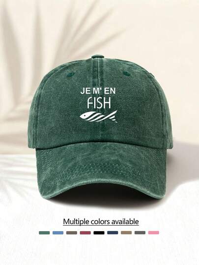 1顶水洗棒球帽，印有“JEM'EN FISH”字母图案，复古美式简约休闲时尚百搭，高品质装饰帽，适合所有季节，男女通用，轻便百搭。